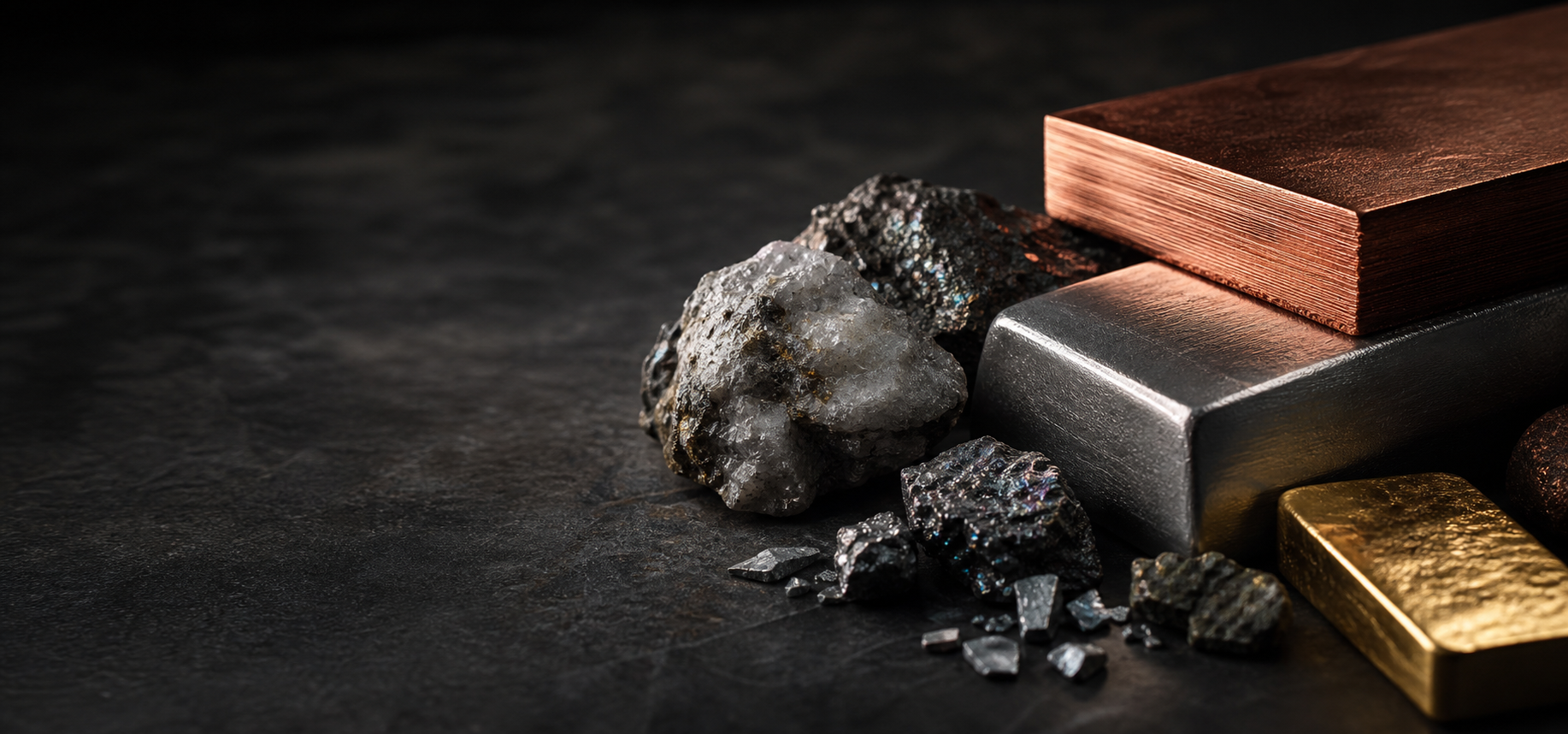 Refined metals and critical minerals on a dark editorial surface