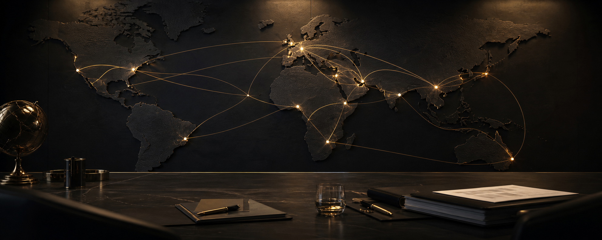 Abstract global trade network with route lines and illuminated nodes